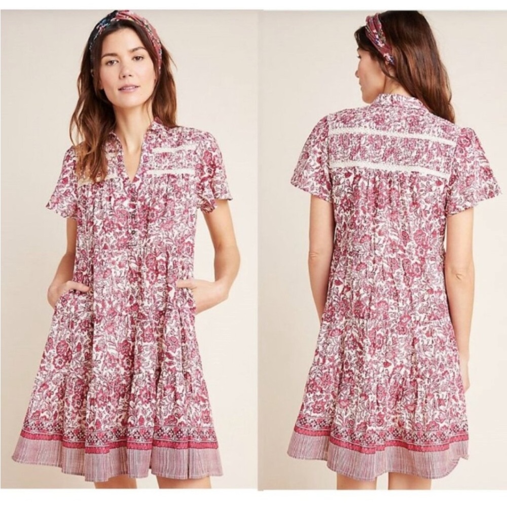 Anthropologie Red and White Floral Mini Dress